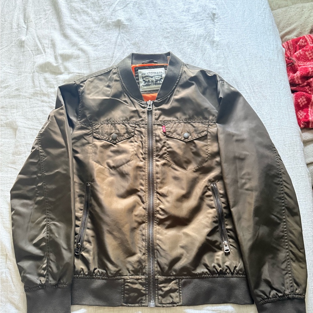 Men's LEVI Olive Bomber Jacket with orange liner